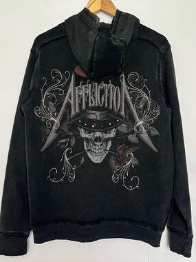 Affliction Zip Up Hoodie Sweatshirt Cross Skull Embroidery Size Small Gray Black
